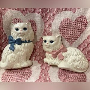 Vintage Decorative White Cat Figurines with Pink and Blue Bows